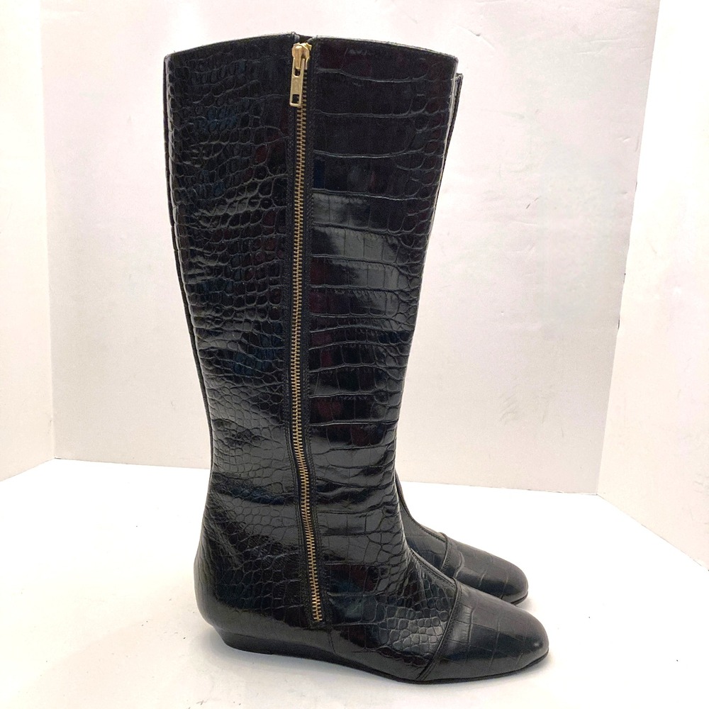 Migliorini Italian Leather Boots Tall Croc Embossed Black Leather Womens 7.5‎ M